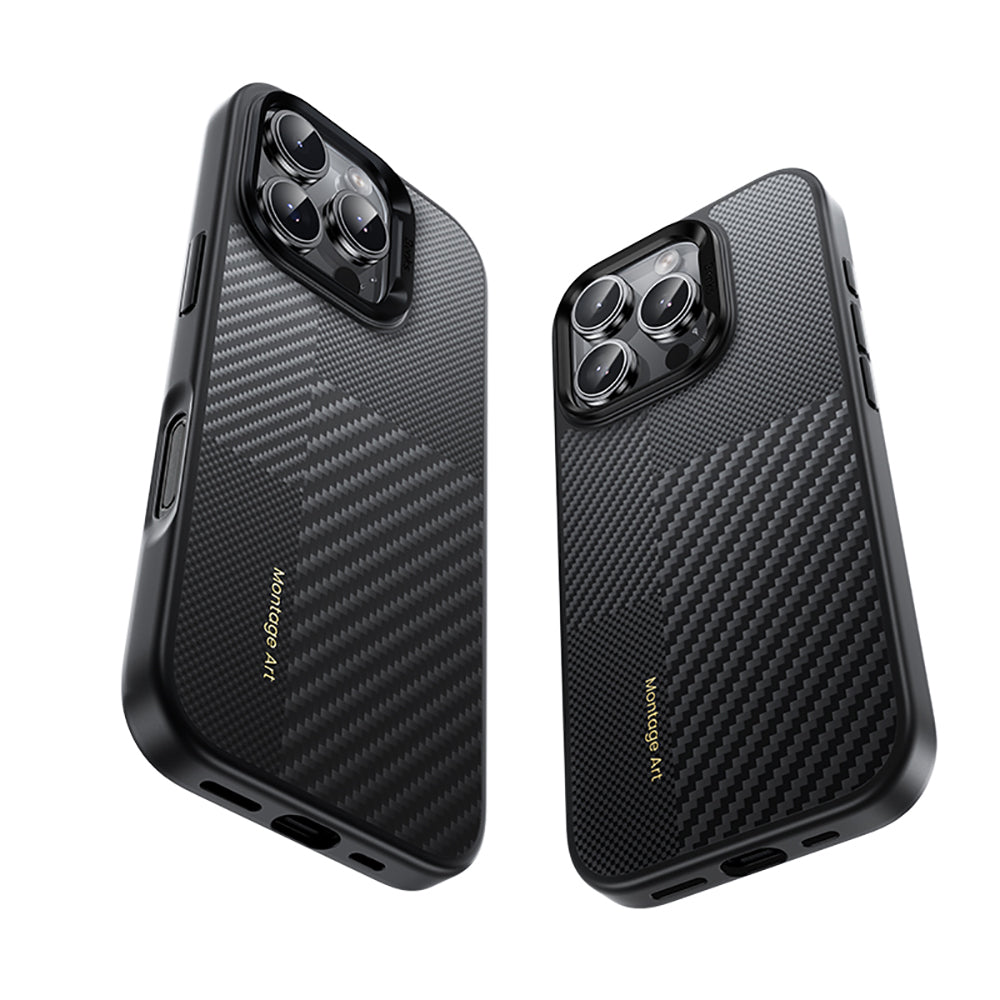 Apple iPhone 16 Pro Max Kılıf Karbon Fiber M-safe Şarj Özellikli Kamera Kontrol Butonlu Benks Hybrid ArmorPro Montage Kevlar Kapak Siyah
