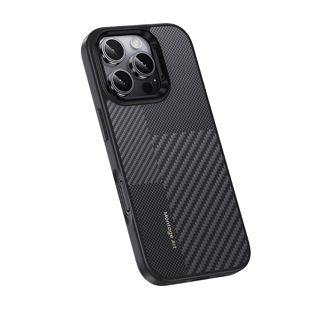 Apple iPhone 16 Pro Max Kılıf Karbon Fiber M-safe Şarj Özellikli Kamera Kontrol Butonlu Benks Hybrid ArmorPro Montage Kevlar Kapak Siyah