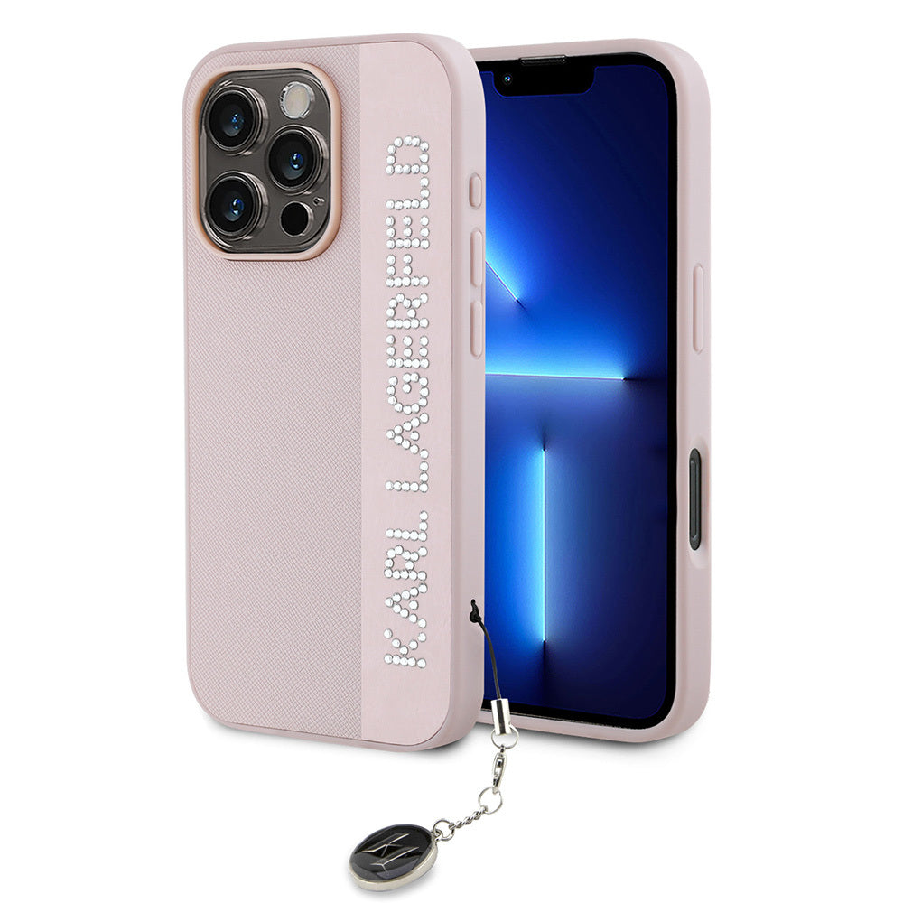 Apple iPhone 16 Pro Max Kılıf Karl Lagerfeld Orjinal Lisanslı Anahtarlıklı Taşlı KL Yazılı Saffiano Rhinestones Kapak