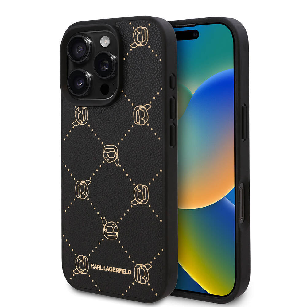 Apple iPhone 16 Pro Max Kılıf Karl Lagerfeld Orjinal Lisanslı M-safe Şarj Özellikli PU Deri Karl Heads Desenli Klasik Logolu Kapak