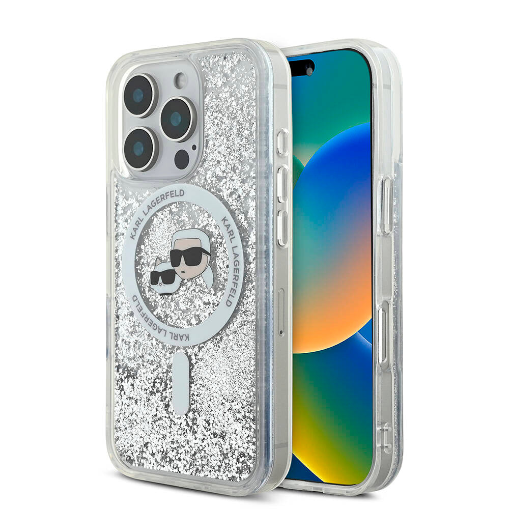 Apple iPhone 16 Pro Max Kılıf Karl Lagerfeld Orjinal Lisanslı M-safe Şarj Özellikli Sıvılı Simli KC Heads Kapak