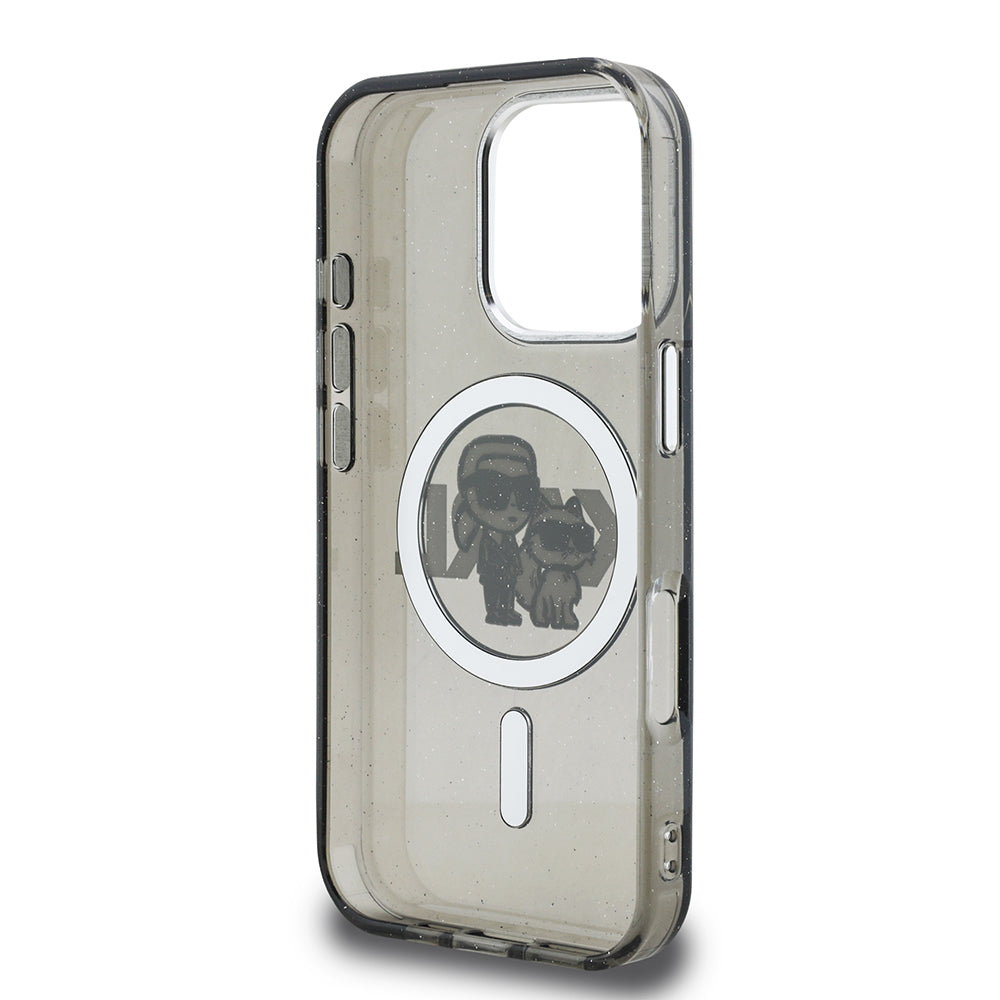 Apple iPhone 16 Pro Max Kılıf Karl Lagerfeld Orjinal Lisanslı Parlayan Simli Karl & Choupette Sketch Logo Kapak Siyah