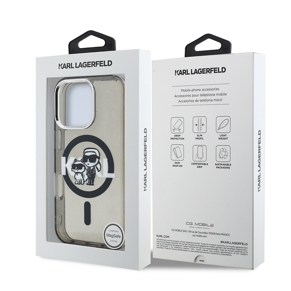 Apple iPhone 16 Pro Max Kılıf Karl Lagerfeld Orjinal Lisanslı Parlayan Simli Karl & Choupette Sketch Logo Kapak Siyah