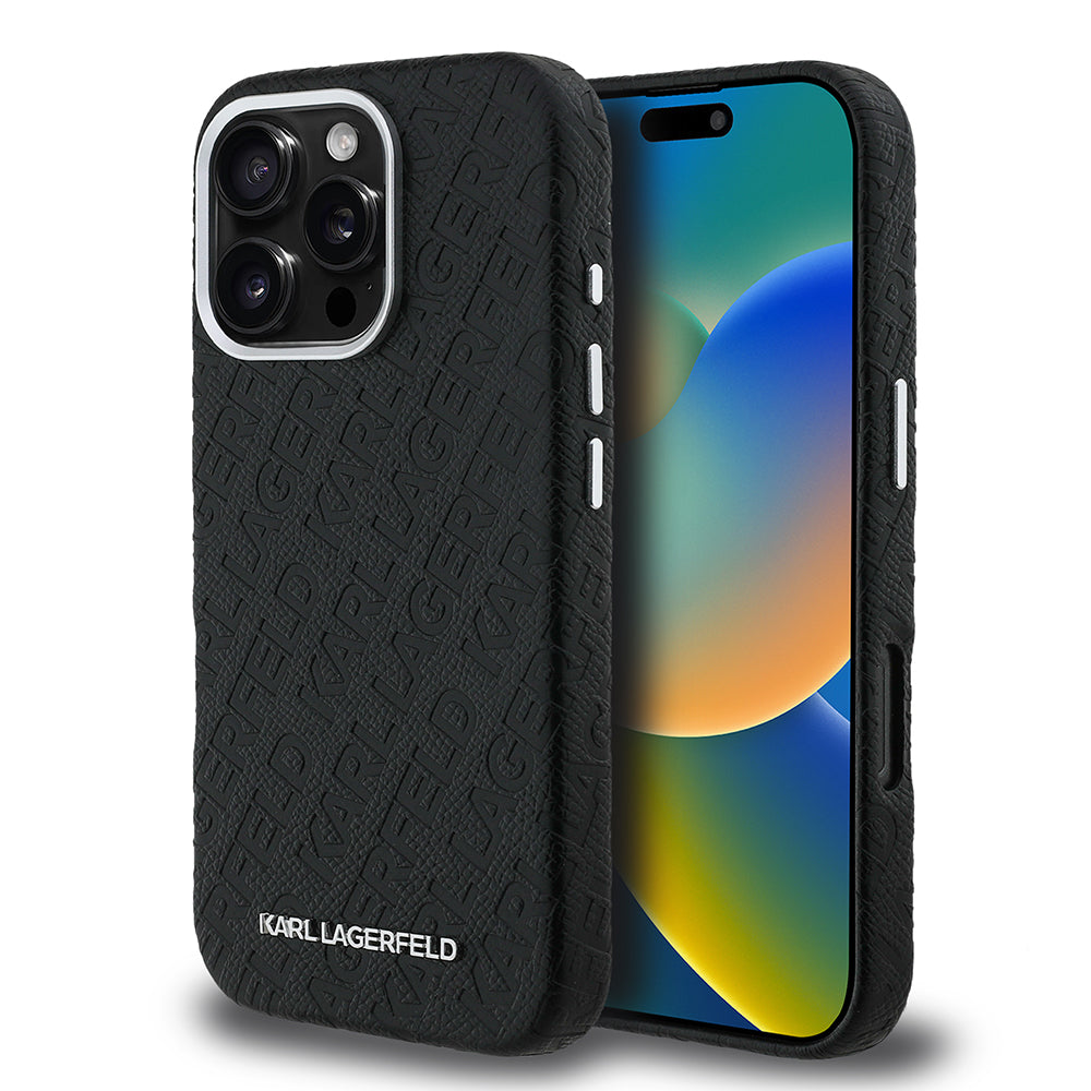 Apple iPhone 16 Pro Max Kılıf Karl Lagerfeld Orjinal Lisanslı PU Deri Damgalı Metal Yazı Logolu Kapak