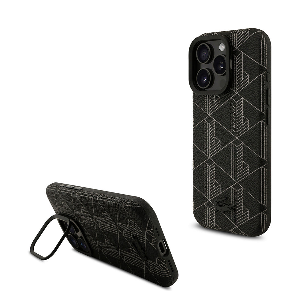 Apple iPhone 16 Pro Max Kılıf Lacoste Orjinal Lisanslı M-safe Şarj Özellikli Standlı PU Deri Karışık Monogram Desenli Kapak Siyah