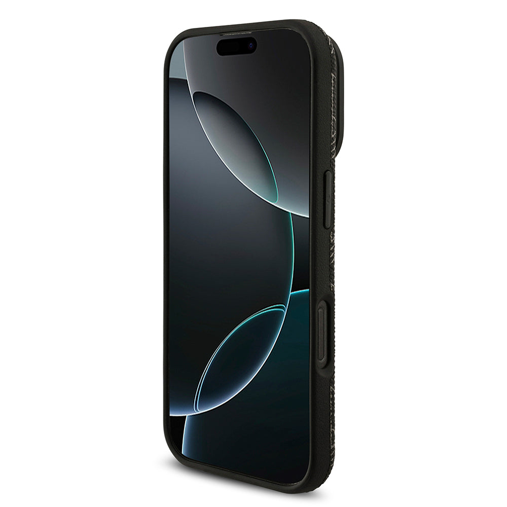 Apple iPhone 16 Pro Max Kılıf Lacoste Orjinal Lisanslı M-safe Şarj Özellikli Standlı PU Deri Karışık Monogram Desenli Kapak Siyah