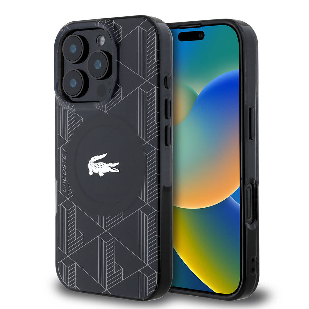 Apple iPhone 16 Pro Max Kılıf Lacoste Orjinal Lisanslı M-safe Şarj Özellikli IML Baskılı Gümüş Timsah Logolu Monogram Kapak