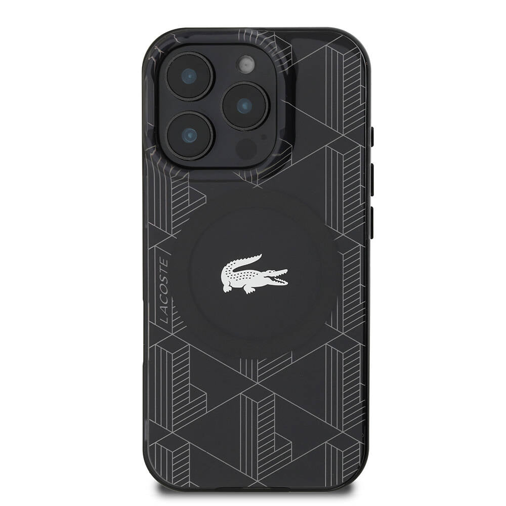 iPhone 16 Pro Max Kılıf Lacoste Orjinal Lisanslı Magsafe Şarj Özellikli IML Baskılı Gümüş Timsah Logolu Monogram Kılıf Siyah