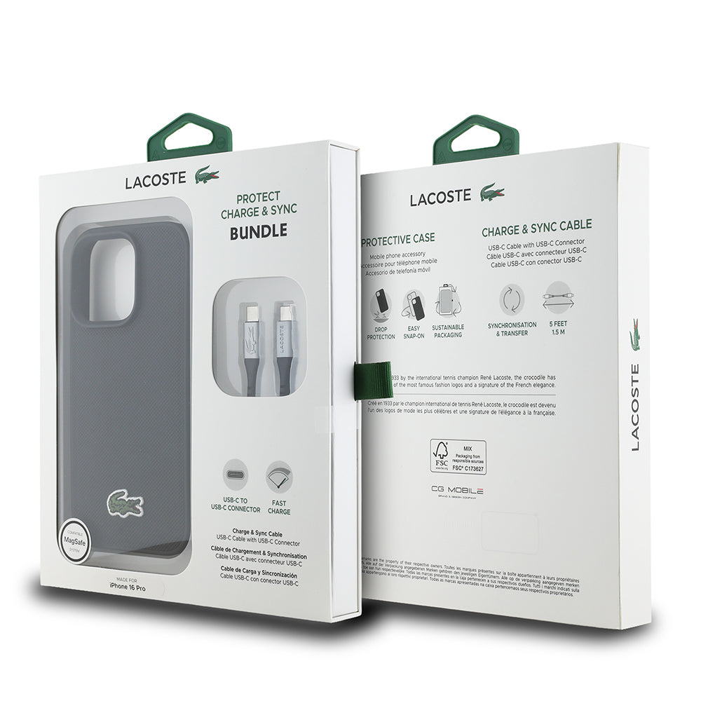 Apple iPhone 16 Pro Max Kılıf Lacoste Orjinal Lisanslı PU Pike Desenli Arka Yüzey İkonik Timsah Dokuma Logolu Kapak + Type-C Kablo 1.5m Siyah