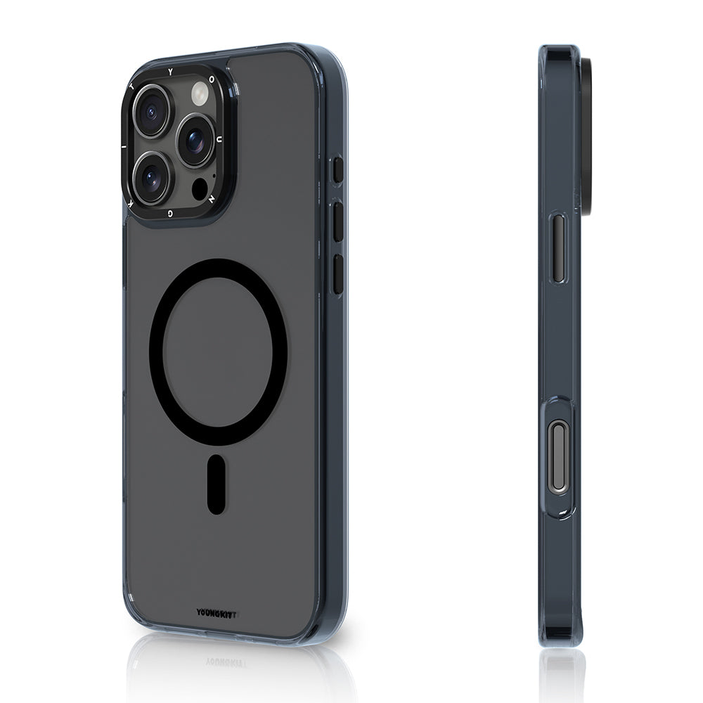 Apple iPhone 16 Pro Max Kılıf M-safe Şarj Özellikli Cam Arka Yüzey TPU Youngkit Gemstone Clear Serisi Kapak Siyah