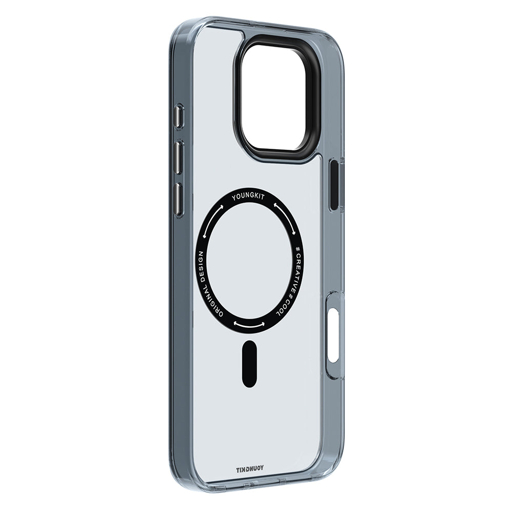 Apple iPhone 16 Pro Max Kılıf M-safe Şarj Özellikli Cam Arka Yüzey TPU Youngkit Gemstone Clear Serisi Kapak Siyah