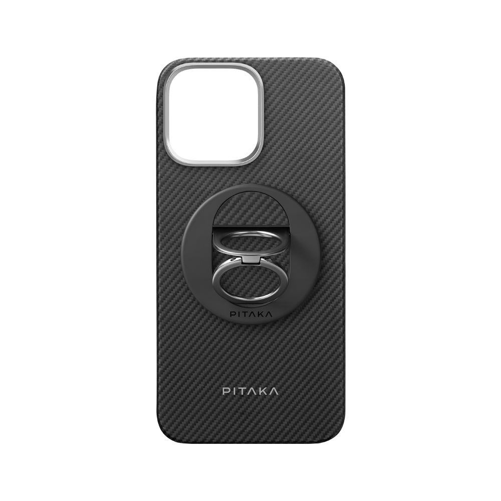 Apple iPhone 16 Pro Max Kılıf M-safe Şarj Özellikli Grip 3 Standlı 600D Aramid Fiber Pitaka Ultra-Slim Classic Serisi Black-Grey Twill Kapak