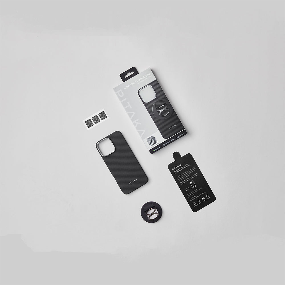 Apple iPhone 16 Pro Max Kılıf M-safe Şarj Özellikli Grip 3 Standlı 600D Aramid Fiber Pitaka Ultra-Slim Classic Serisi Black-Grey Twill Kapak Siyah-Gri