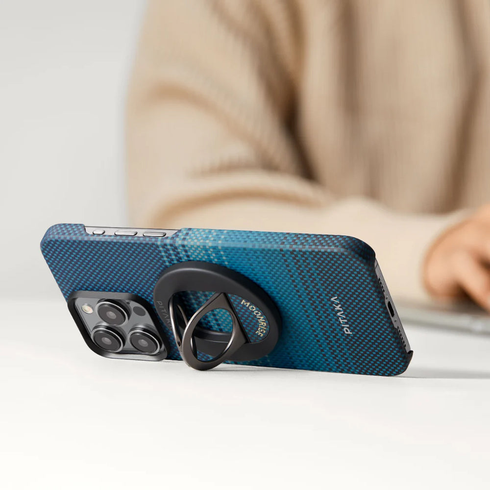 iPhone 16 Pro Max Kılıf Magsafe Şarj Özellikli Grip 3 Standlı Aramid Fiber Pitaka Tactile Woven Sunset-Moonrise Serisi Moonrise Kılıf Mavi