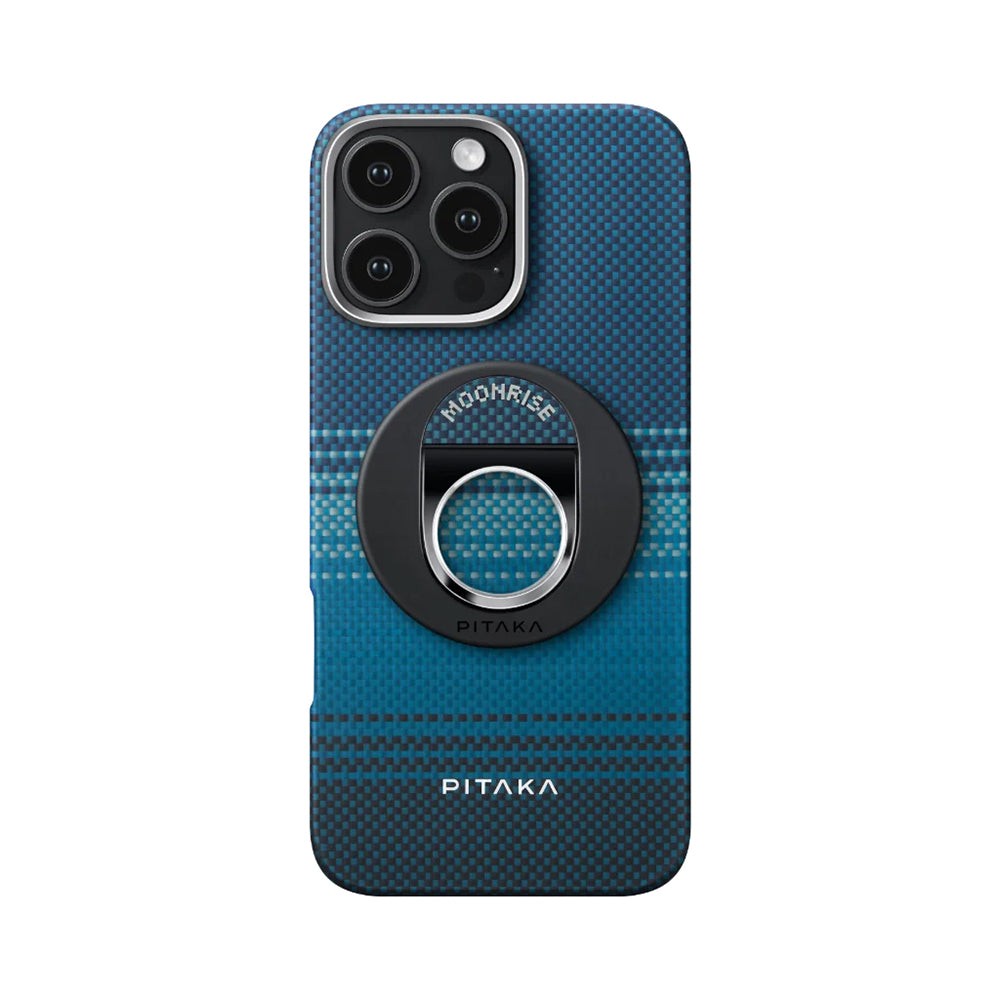 Apple iPhone 16 Pro Max Kılıf M-safe Şarj Özellikli Grip 3 Standlı Aramid Fiber Pitaka Tactile Woven Sunset-Moonrise Serisi Moonrise Kapak