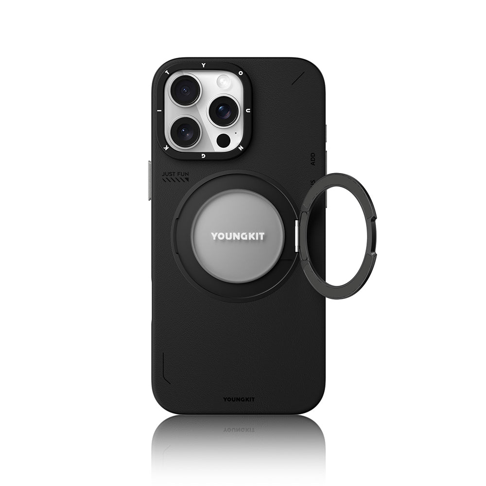 iPhone 16 Pro Max Kılıf Magsafe Şarj Özellikli 360° Standlı Basit Mat Deri Desenli Youngkit Tech Leather Serisi Kılıf Kahverengi