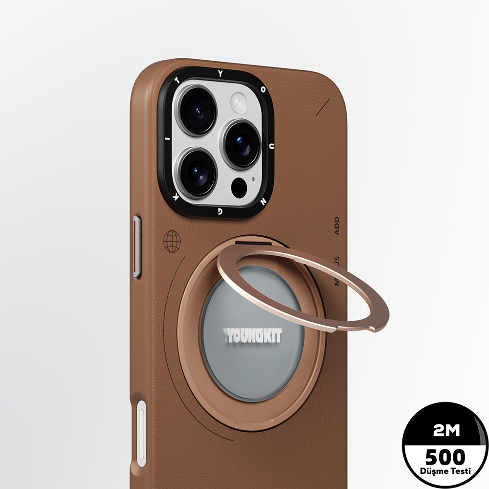 iPhone 16 Pro Max Kılıf Magsafe Şarj Özellikli 360° Standlı Basit Mat Deri Desenli Youngkit Tech Leather Serisi Kılıf Gri