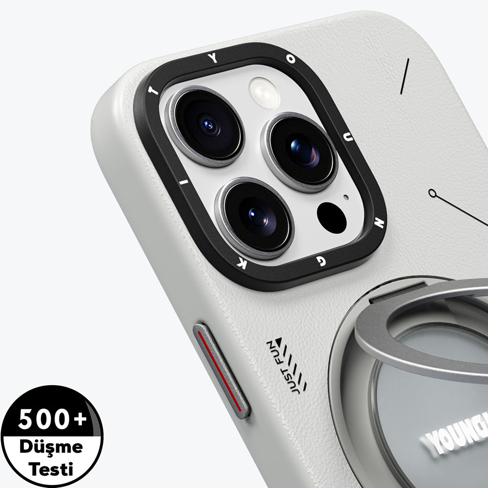 iPhone 16 Pro Max Kılıf Magsafe Şarj Özellikli 360° Standlı Basit Mat Deri Desenli Youngkit Tech Leather Serisi Kılıf Kahverengi