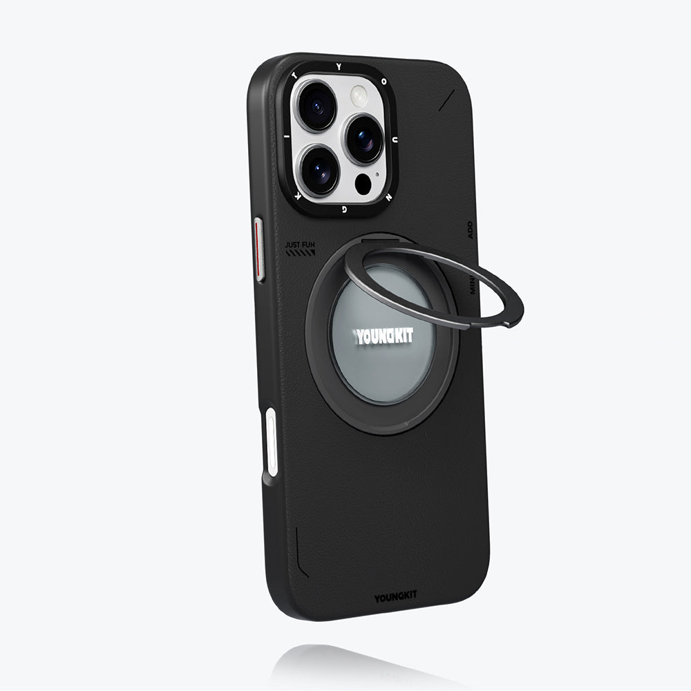 iPhone 16 Pro Max Kılıf Magsafe Şarj Özellikli 360° Standlı Basit Mat Deri Desenli Youngkit Tech Leather Serisi Kılıf Kahverengi