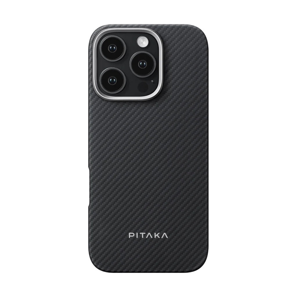 Apple iPhone 16 Pro Max Kılıf M-safe Şarj Özellikli 600D Aramid Fiber Pitaka Ultra-Slim Classic Serisi Black-Grey Twill Kapak