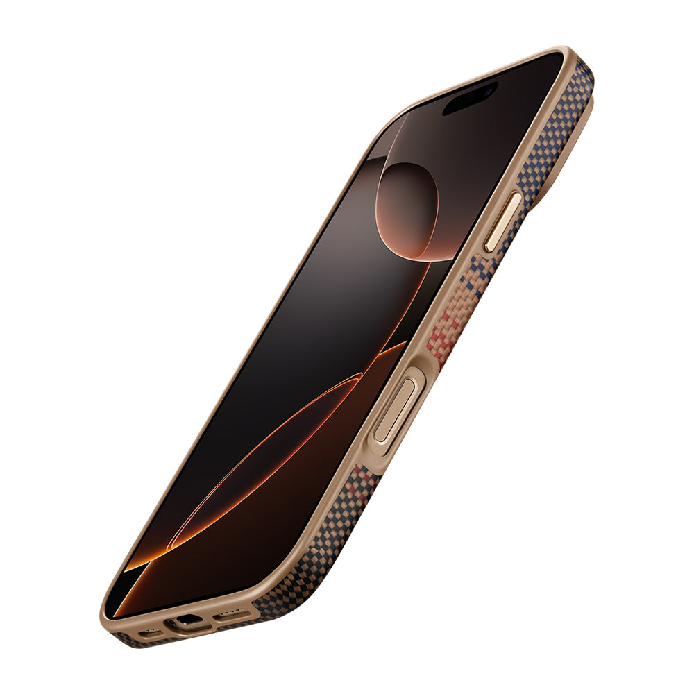 iPhone 16 Pro Max Kılıf Magsafe Şarj Özellikli Aramid Fiber Pitaka Military-Grade Sunset-Moonrise Serisi Sunset Kılıf Kahverengi