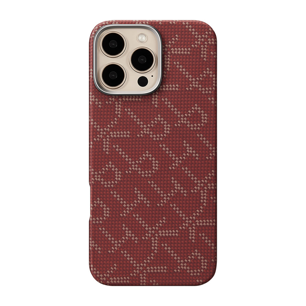 Apple iPhone 16 Pro Max Kılıf M-safe Şarj Özellikli Aramid Fiber Pitaka Tactile Woven Monogram Serisi Kapak Kırmızı