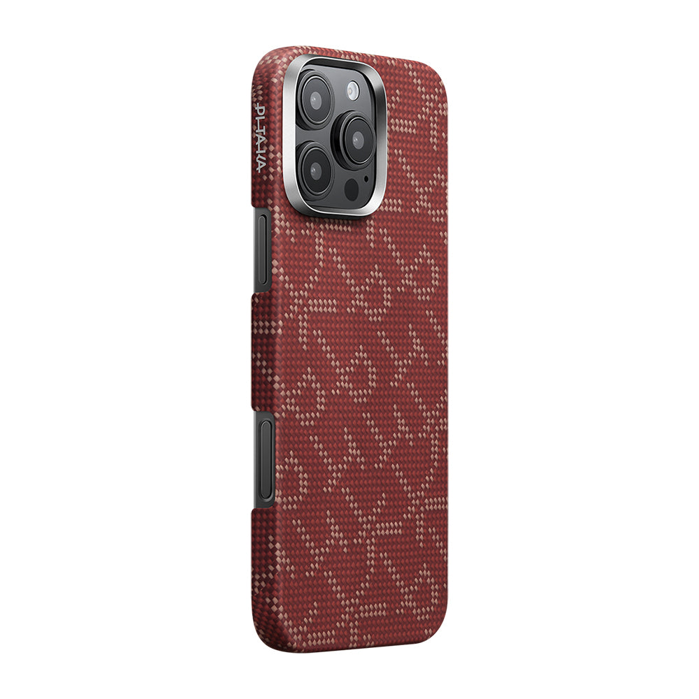 Apple iPhone 16 Pro Max Kılıf M-safe Şarj Özellikli Aramid Fiber Pitaka Tactile Woven Monogram Serisi Kapak Kırmızı