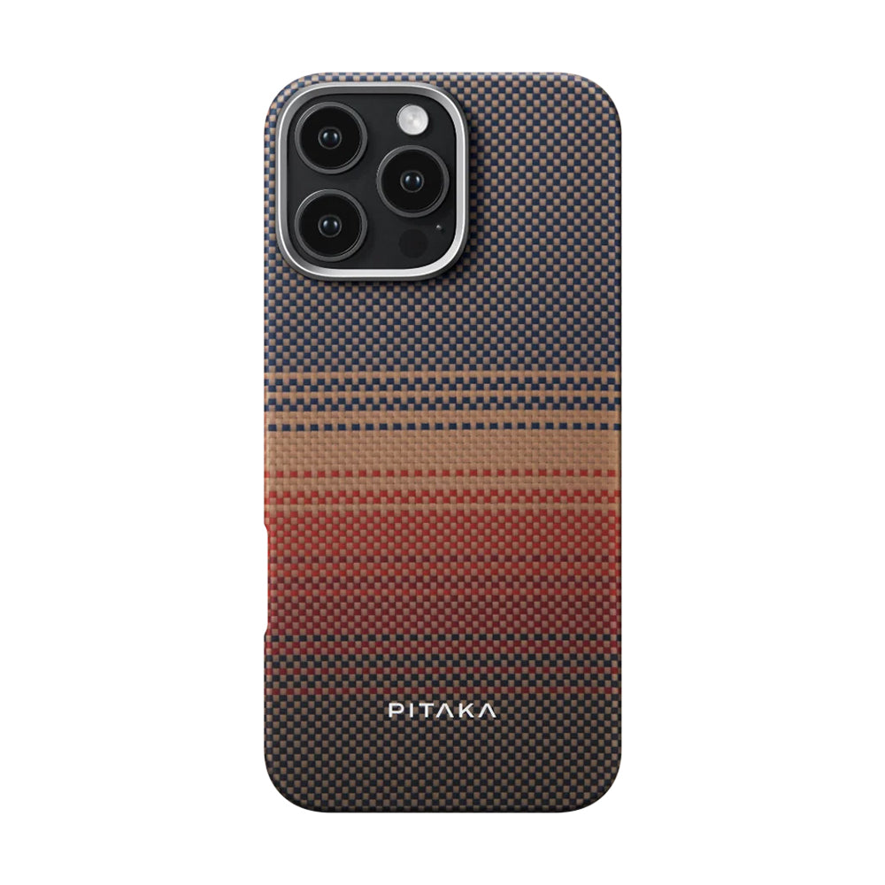 iPhone 16 Pro Max Kılıf Magsafe Şarj Özellikli Aramid Fiber Pitaka Tactile Woven Sunset-Moonrise Serisi Sunset Kılıf Kahverengi