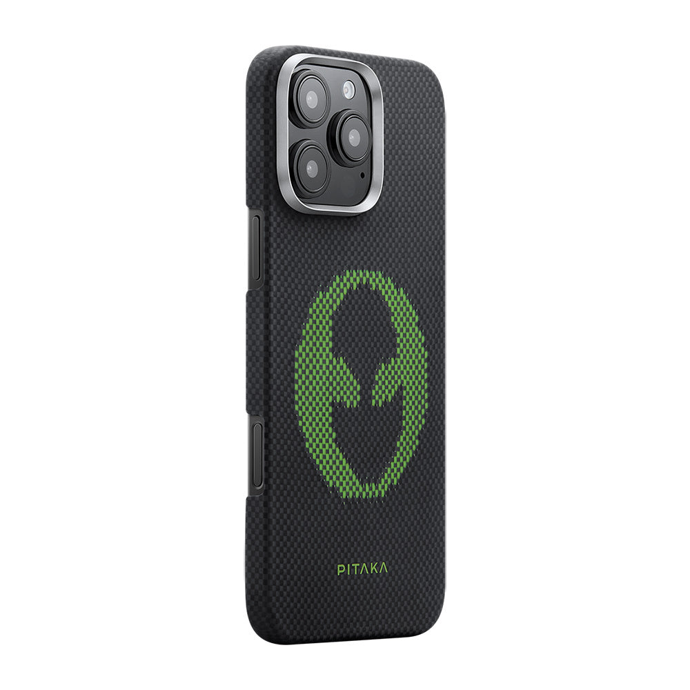 iPhone 16 Pro Max Kılıf Magsafe Şarj Özellikli Lumintex Teknolojili Fosforlu Aramid Fiber Pitaka Tactile Woven Aries Serisi Alien Kılıf Siyah