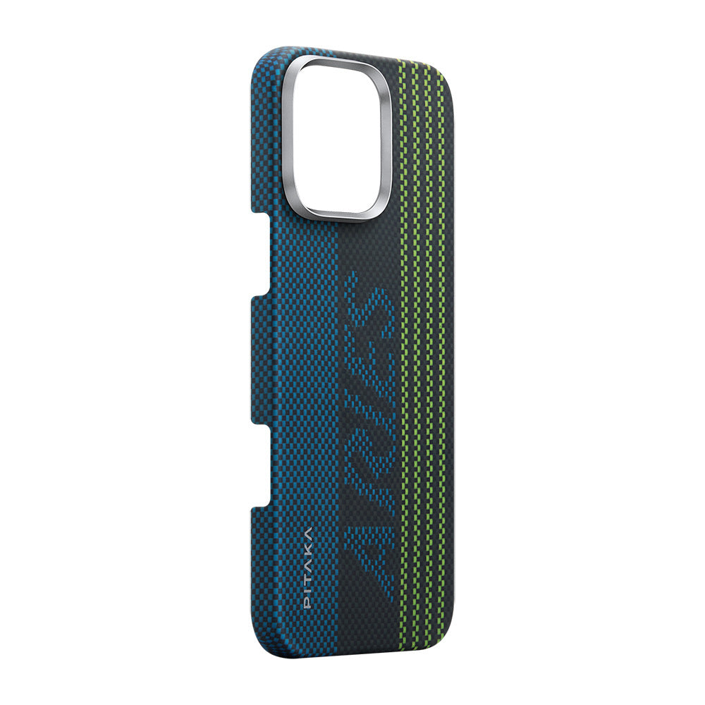 iPhone 16 Pro Max Kılıf Magsafe Şarj Özellikli Lumintex Teknolojili Fosforlu Aramid Fiber Pitaka Tactile Woven Aries Serisi Credit Card Kılıf Yeşil-Mavi