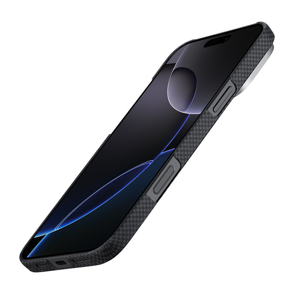 iPhone 16 Pro Max Kılıf Magsafe Şarj Özellikli Lumintex Teknolojili Fosforlu Aramid Fiber Pitaka Tactile Woven Aries Serisi NoProblemo Kılıf Siyah