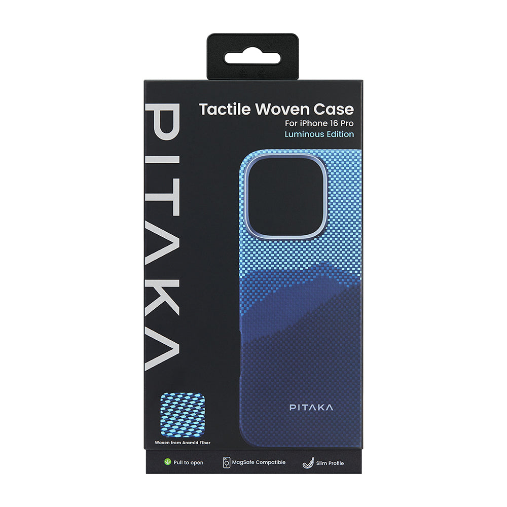 Apple iPhone 16 Pro Max Kılıf M-safe Şarj Özellikli Lumintex Teknolojili Fosforlu Özellikli Aramid Fiber Pitaka Tactile Woven Starpeak Serisi Over The Horizon Kapak Mavi