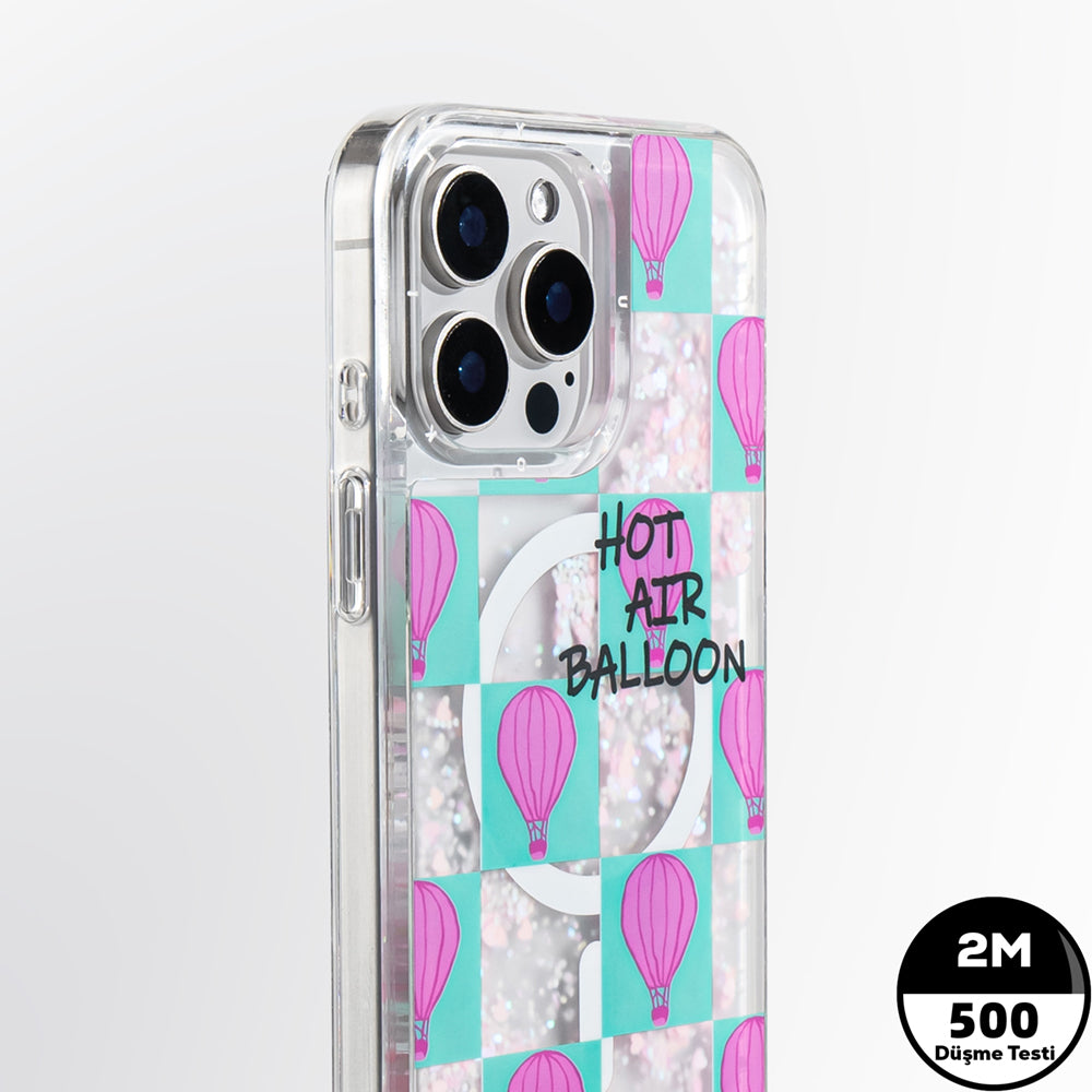 iPhone 16 Pro Max Kılıf Magsafe Şarj Özellikli Parlak Kumlu Sıvılı Youngkit Pink Dream Quicksand Serisi Kılıf Turkuaz