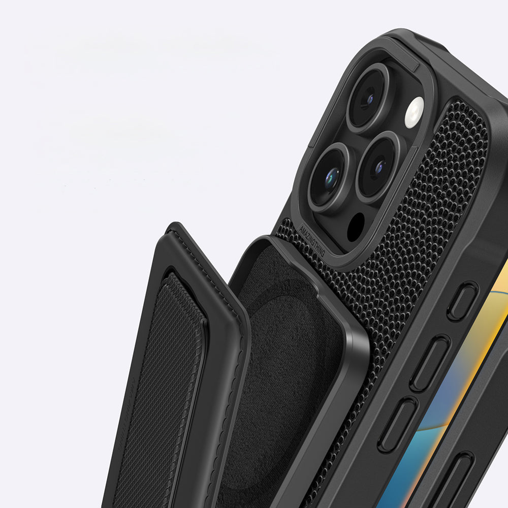 iPhone 16 Pro Max Kılıf Magsafe Şarj Özellikli Standlı Kartlıklı Set Amazingthing Glamour Luxe Serisi Kılıf Siyah