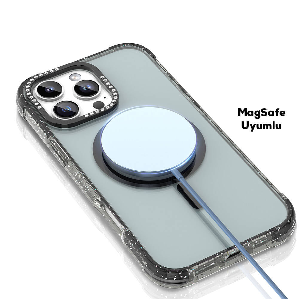 iPhone 16 Pro Max Kılıf Magsafe Şarj Özellikli Taşlı ve Simli Tasarım Mutural Blink Kılıf Siyah