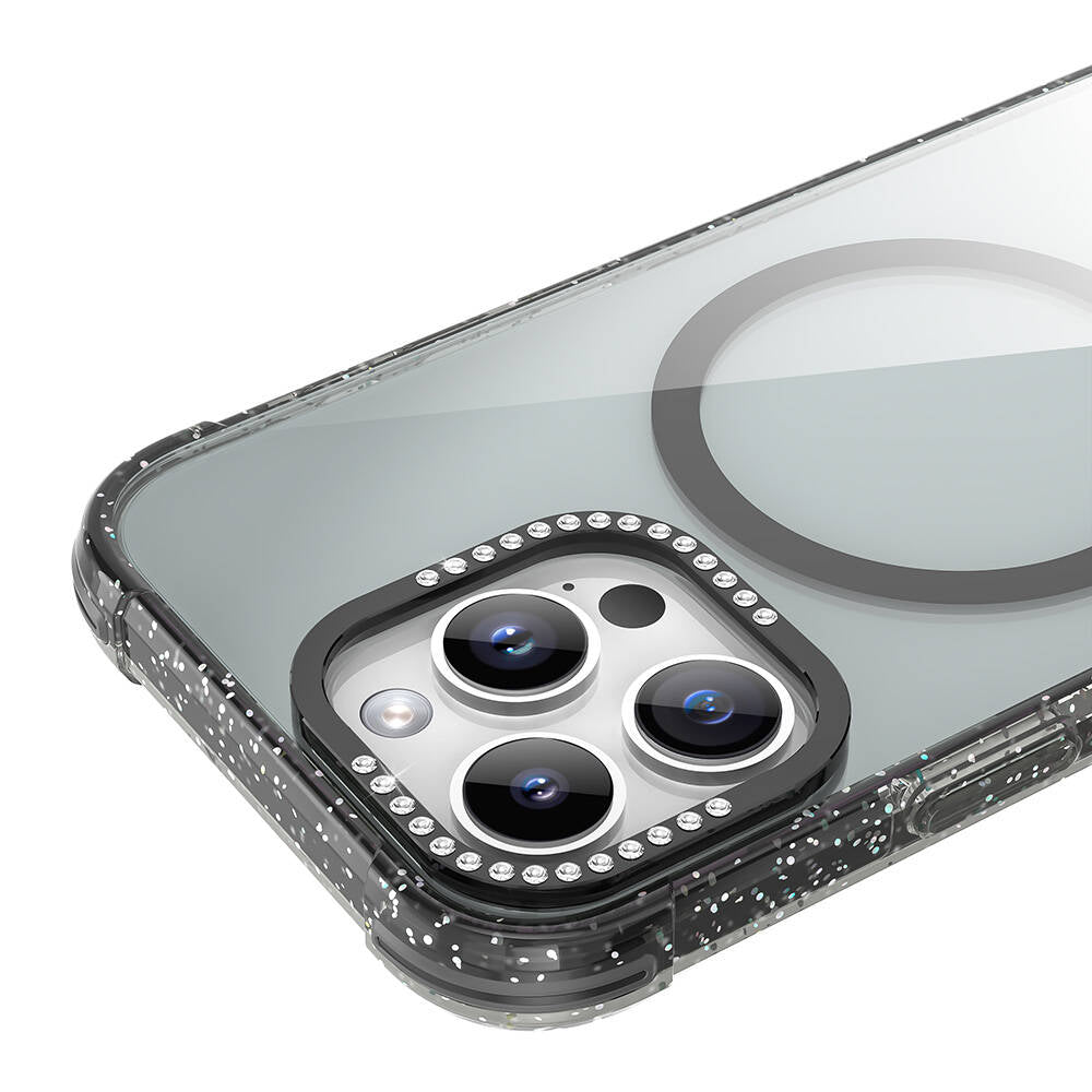 iPhone 16 Pro Max Kılıf Magsafe Şarj Özellikli Taşlı ve Simli Tasarım Mutural Blink Kılıf Pembe