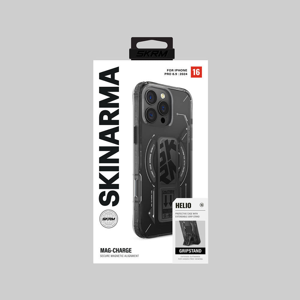 iPhone 16 Pro Max Kılıf Magsafe Şarj Özellikli Teknoloji Desenli Standlı Skinarma Helio Kılıf Gri