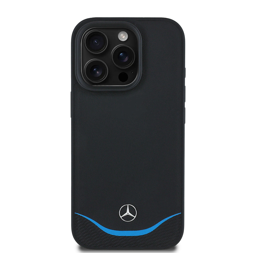 Apple iPhone 16 Pro Max Kılıf Mercedes Benz Orjinal Lisanslı M-safe Şarj Özellikli 3D Metal Logolu Mavi Yatay Eğri Çizgili Deri Kapak