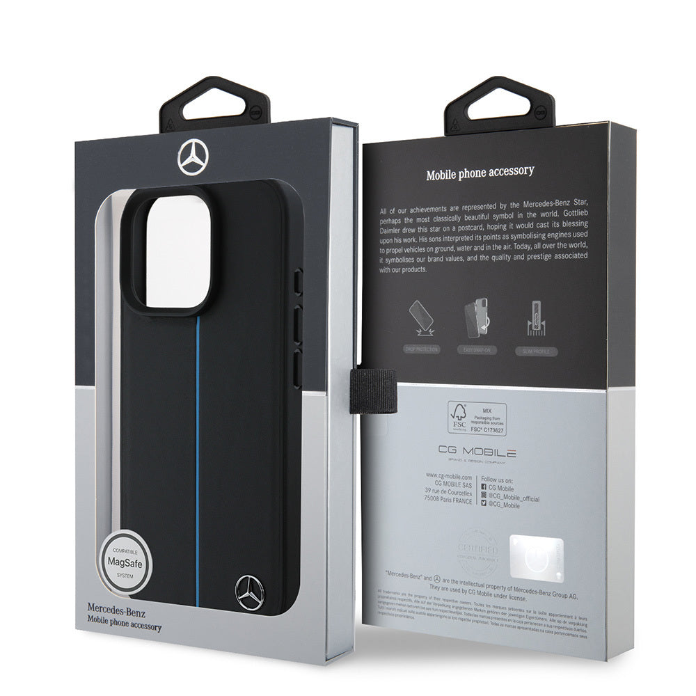 iPhone 16 Pro Max Kılıf Mercedes Benz Orjinal Lisanslı Magsafe Şarj Özellikli Metal Yıldız Logolu Mavi Çizgili Deri Kılıf Siyah