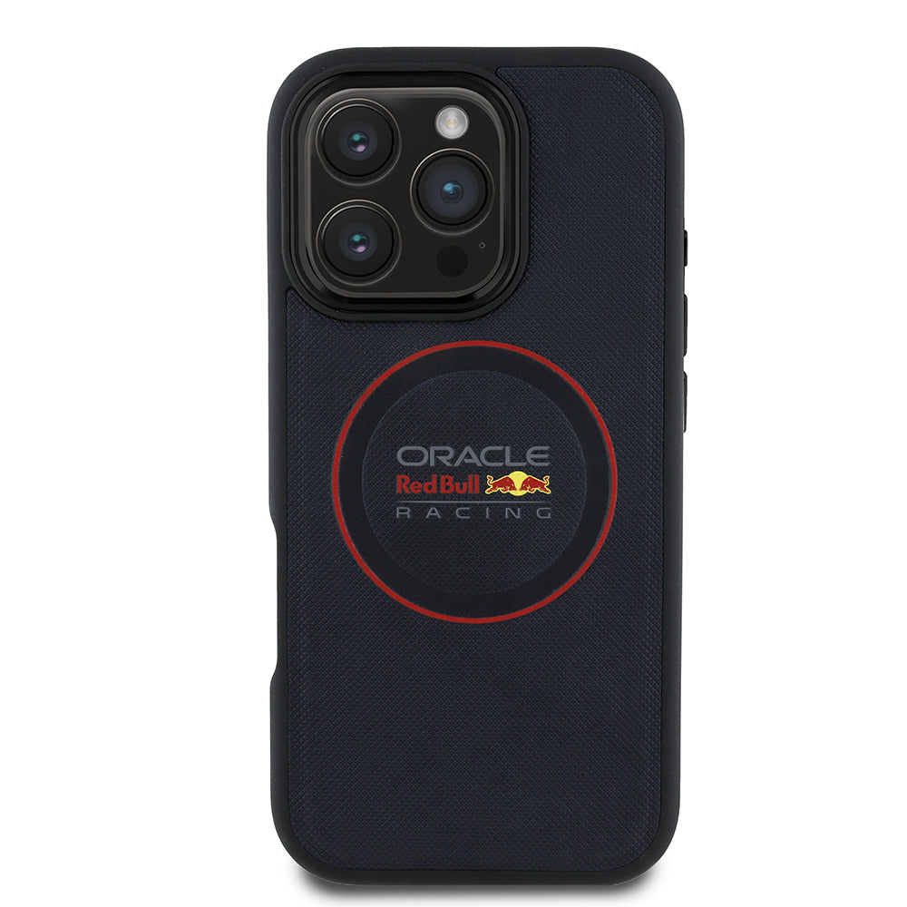 Apple iPhone 16 Pro Max Kılıf Redbull Orjinal Lisanslı M-safe Şarj Özellikli Kırmızı Halka ve Logo Kabartmalı PU Deri Kapak
