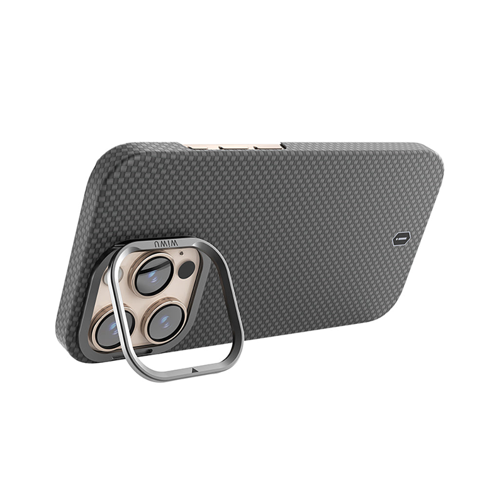 Apple iPhone 16 Pro Max Kılıf Wiwu DCC-208 M-safe Şarj Özellikli Kamera Standlı Aramid Fiber Tasarım Kevlar Kapak Kırmızı