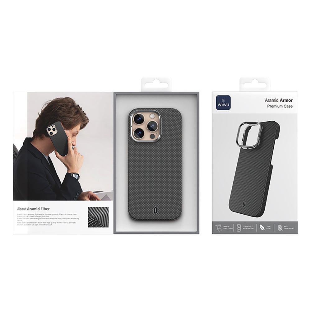 Apple iPhone 16 Pro Max Kılıf Wiwu DCC-208 M-safe Şarj Özellikli Kamera Standlı Aramid Fiber Tasarım Kevlar Kapak Gold