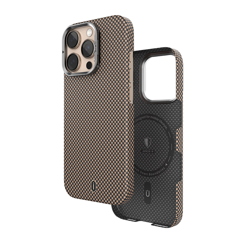 Apple iPhone 16 Pro Max Kılıf Wiwu DCC-208 M-safe Şarj Özellikli Kamera Standlı Aramid Fiber Tasarım Kevlar Kapak Siyah