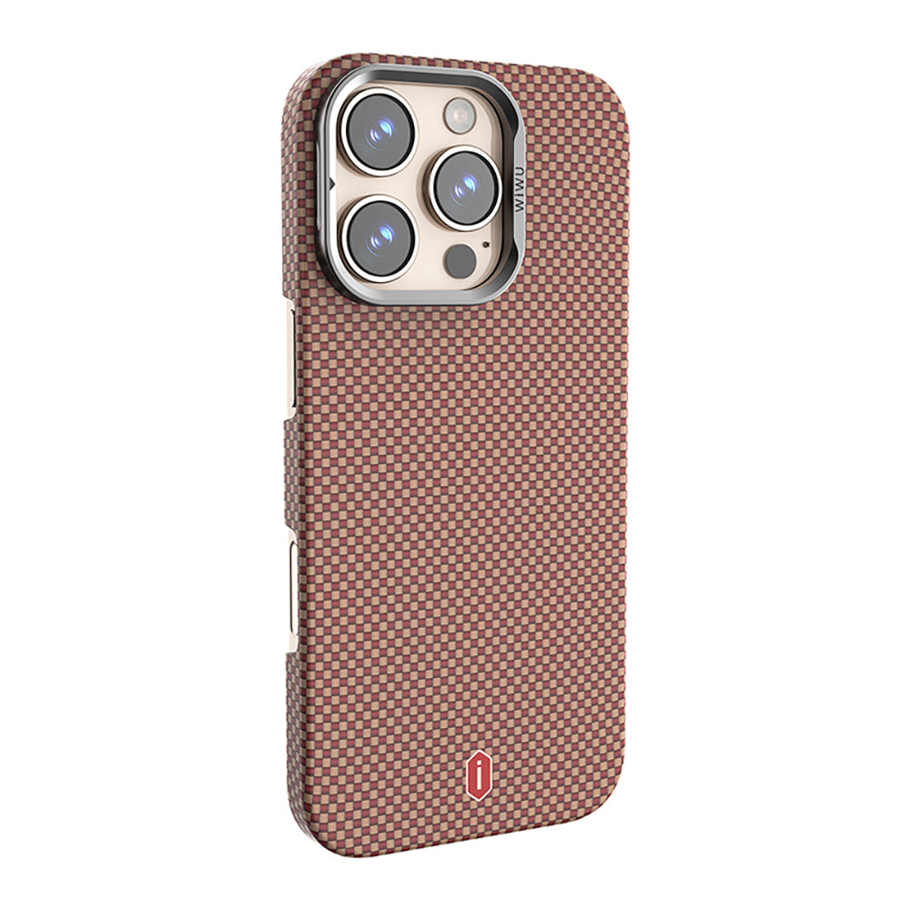 Apple iPhone 16 Pro Max Kılıf Wiwu DCC-208 M-safe Şarj Özellikli Kamera Standlı Aramid Fiber Tasarım Kevlar Kapak Kırmızı