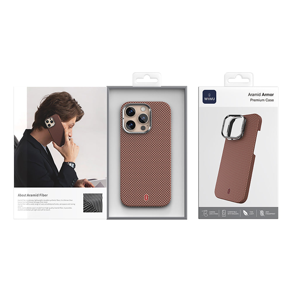 Apple iPhone 16 Pro Max Kılıf Wiwu DCC-208 M-safe Şarj Özellikli Kamera Standlı Aramid Fiber Tasarım Kevlar Kapak Gold