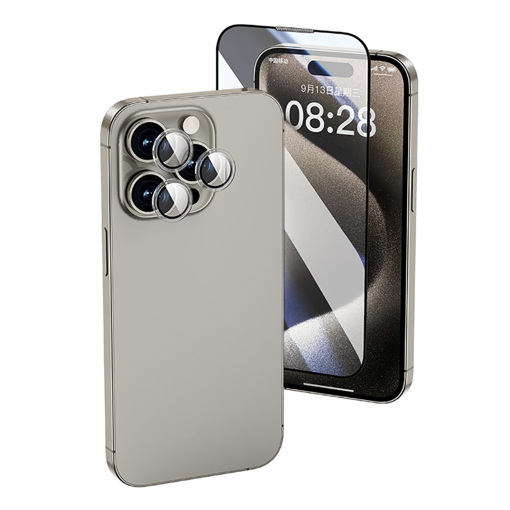 iPhone 16 Pro Wiwu Wi-IP002 2in1 Temperli Cam Ahize Toz Önleyici Ekran Koruyucu ve Kamera Lens Koruyucu Set Şeffaf