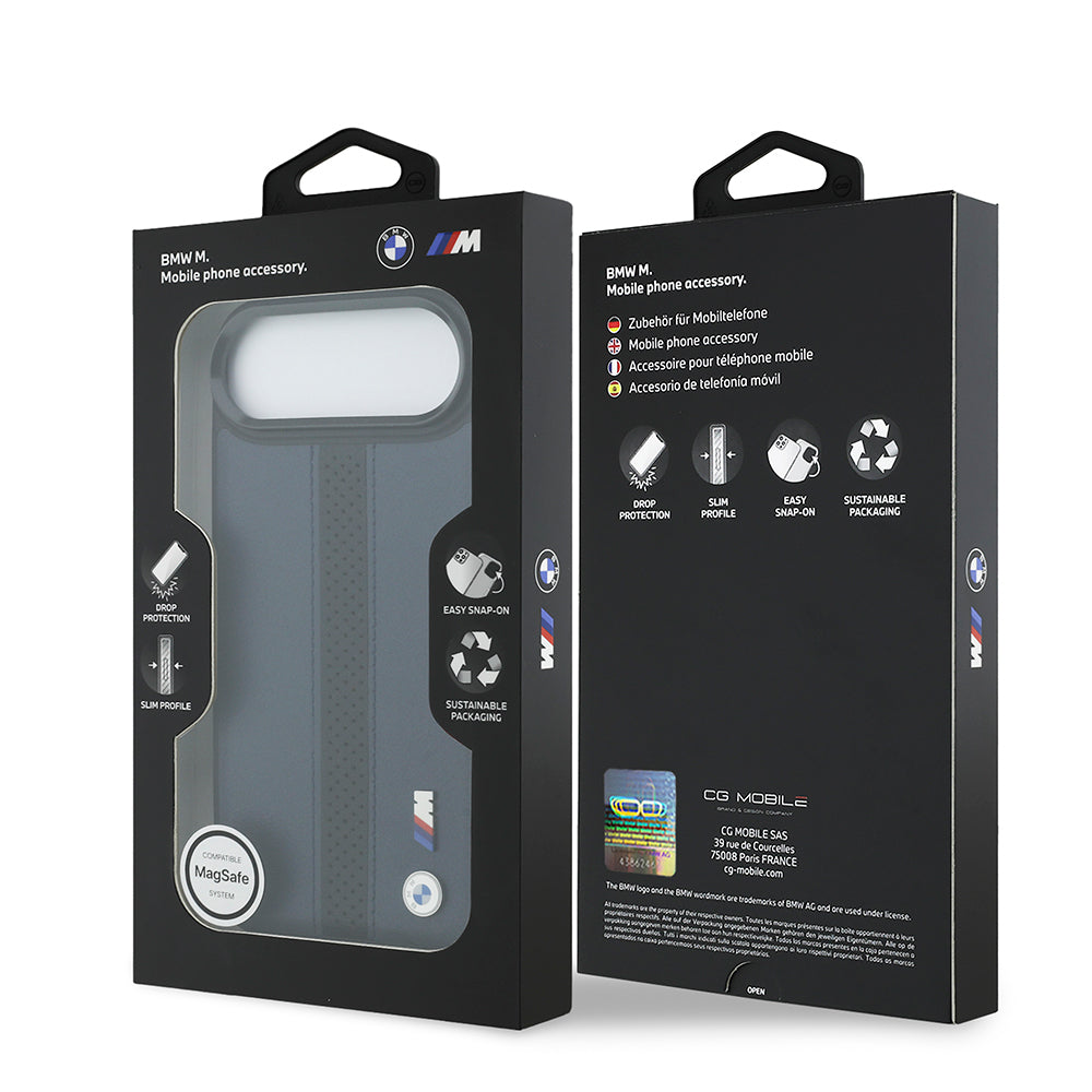 Apple iPhone 17 Air Kılıf BMW Orjinal Lisanslı M-safe Şarj Özellikli Deri Arka Yüzey Metal Logolu Delikli Şerit Tasarımlı Kapak  Lacivert