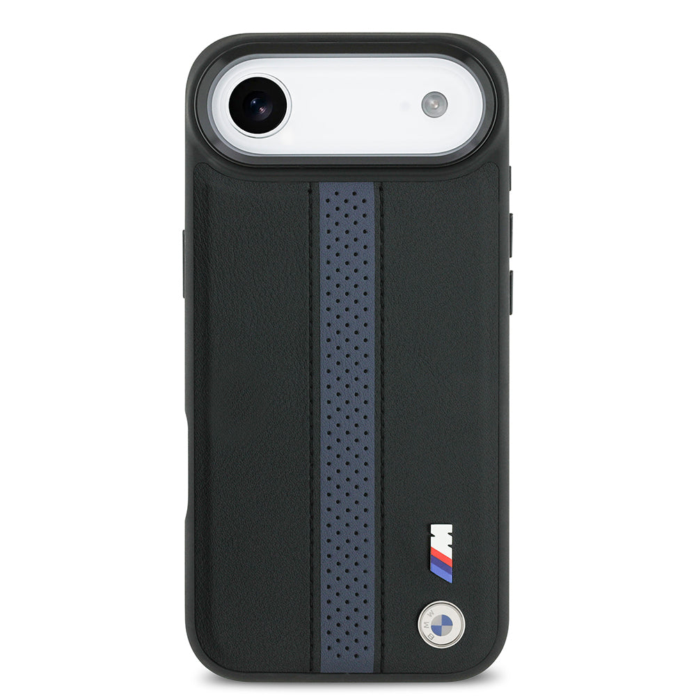 Apple iPhone 17 Air Kılıf BMW Orjinal Lisanslı M-safe Şarj Özellikli Deri Arka Yüzey Metal Logolu Delikli Şerit Tasarımlı Kapak  Mavi