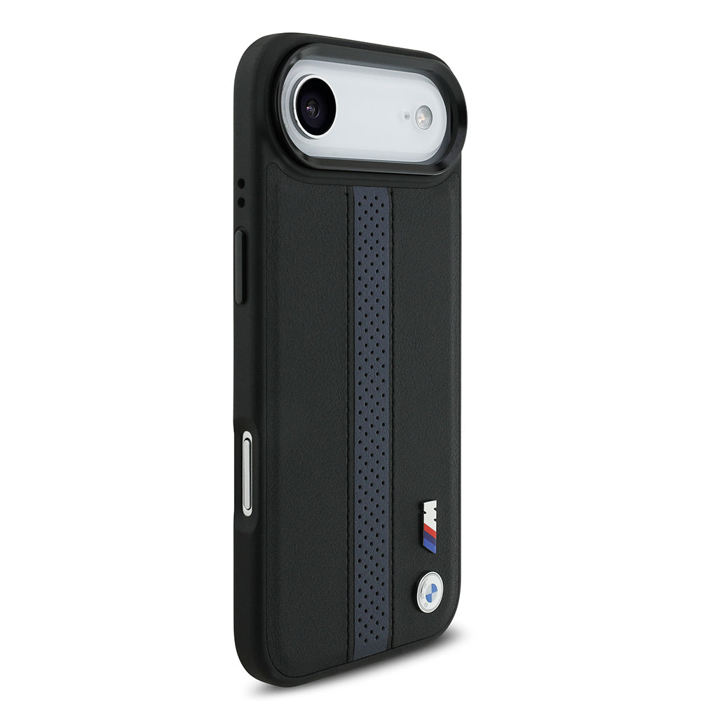 Apple iPhone 17 Air Kılıf BMW Orjinal Lisanslı M-safe Şarj Özellikli Deri Arka Yüzey Metal Logolu Delikli Şerit Tasarımlı Kapak  Mavi