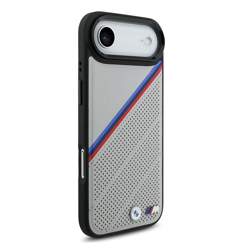 Apple iPhone 17 Air Kılıf BMW Orjinal Lisanslı M-safe Şarj Özellikli M Logolu Üç Şeritli Delikli Deri Kapak Gri